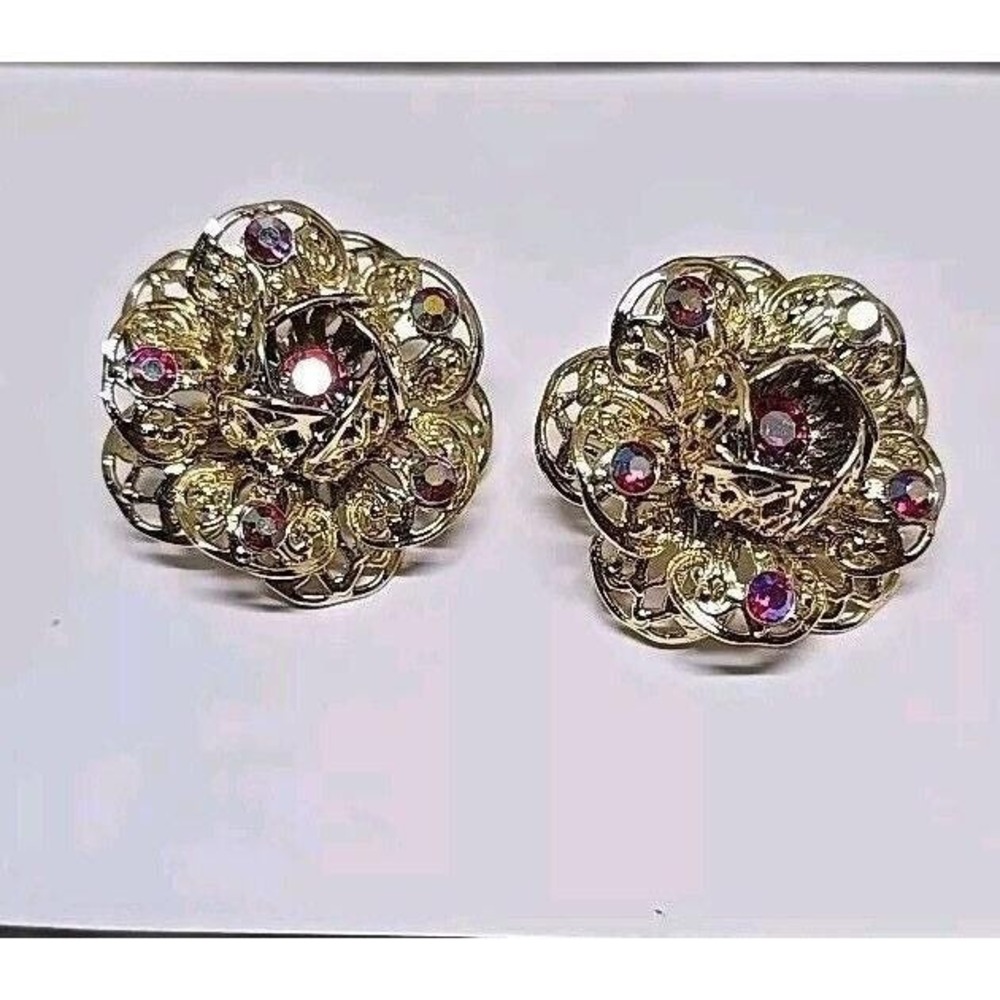 Vtg Sarah Coventry 1961 Purple Rhinestones Flower Clip On Earrings Gold Tone - Picture 4 of 6